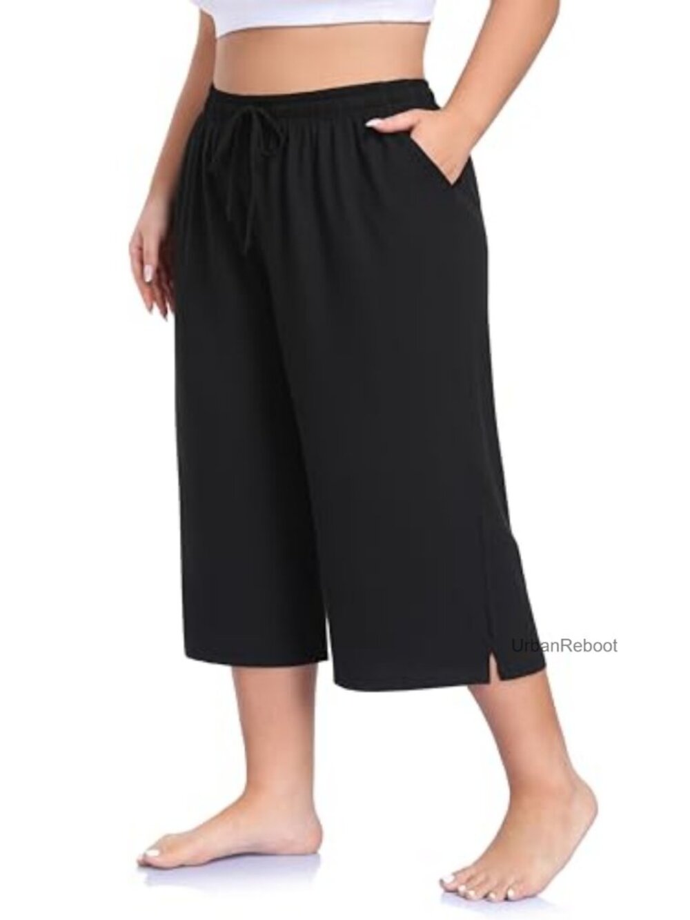 Plus Size Wide Leg Capri Pants Loose Yoga Lounge Pajama Capris with Pockets